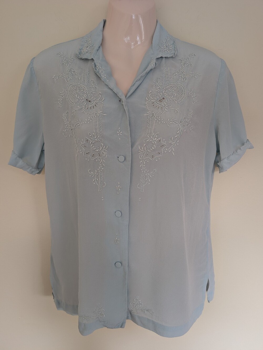 Vintage Silk button up blouse   Embroidered Short Sleeve Pale Blue